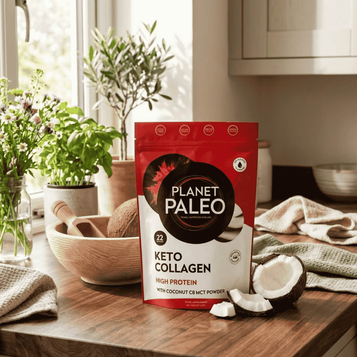 Balení Planet Paleo Active Collagen vedle připraveného pomerančového nápoje, pomeranče a sportovních doplňků.